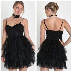 Lulus Rule the Runway Black Tulle Bustier Tiered Mini Dress